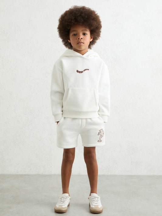 9-13 yrs Cotton Blend Palm Embroidered Shorts in Off White Children & Baby | Reiss