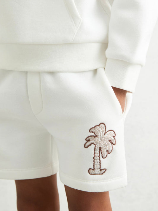 3-9 yrs Cotton Blend Palm Embroidered Shorts in Off White Children & Baby | Reiss