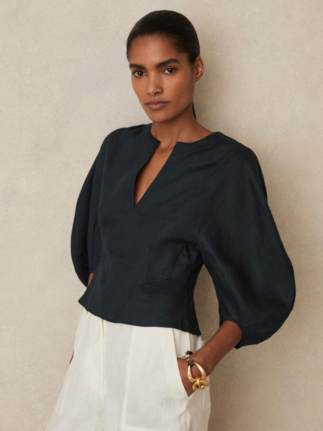 Linen Balloon-Sleeve Top in Navy Women | Reiss