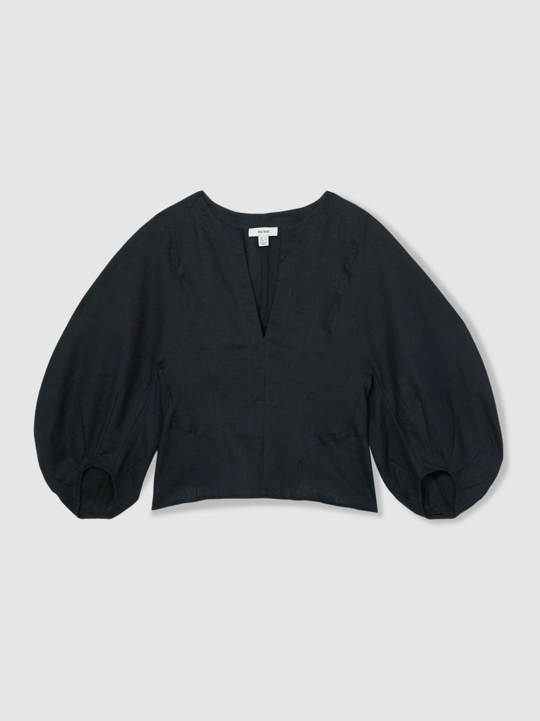 Linen Balloon-Sleeve Top in Navy Women | Reiss