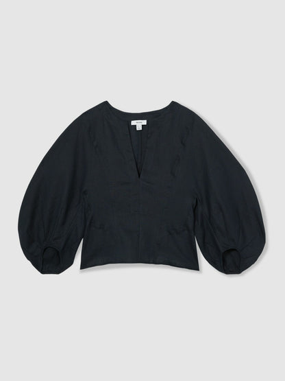 Linen Balloon-Sleeve Top in Navy Women | Reiss