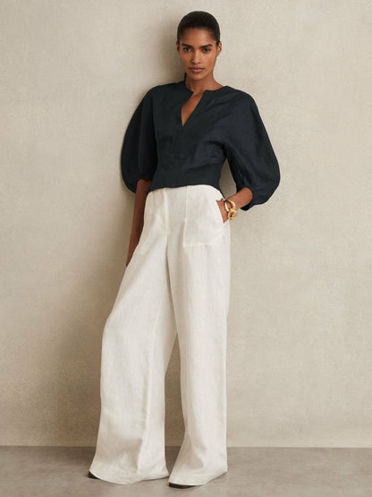 Linen Balloon-Sleeve Top in Navy Women | Reiss
