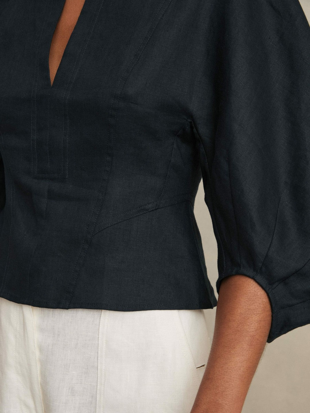 Linen Balloon-Sleeve Top in Navy Women | Reiss