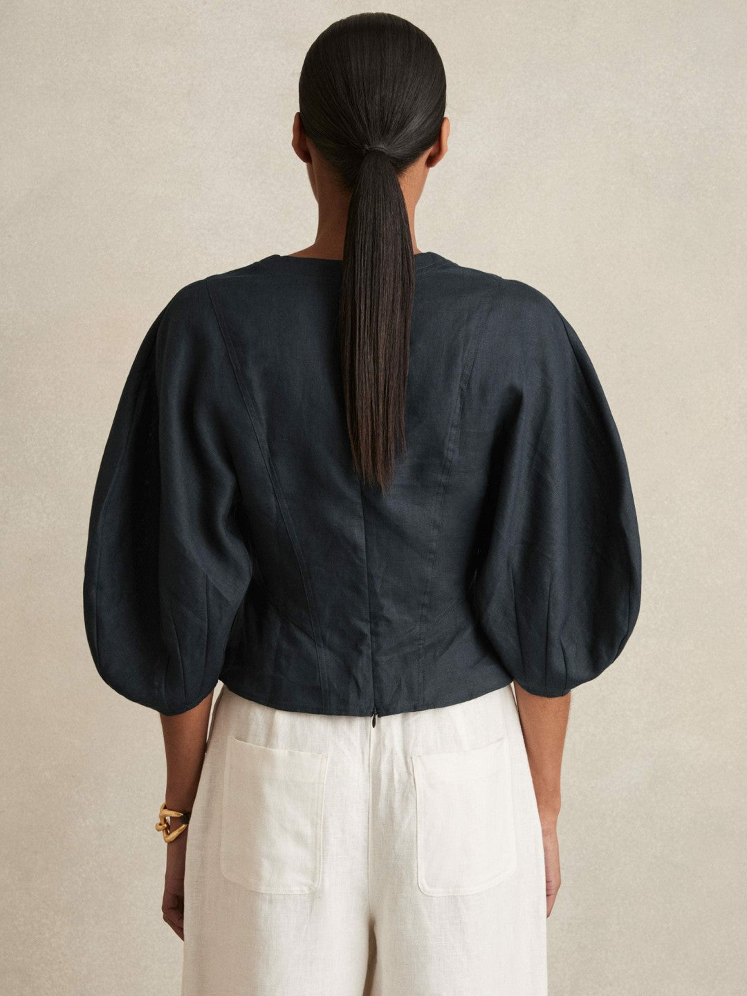 Linen Balloon-Sleeve Top in Navy Women | Reiss