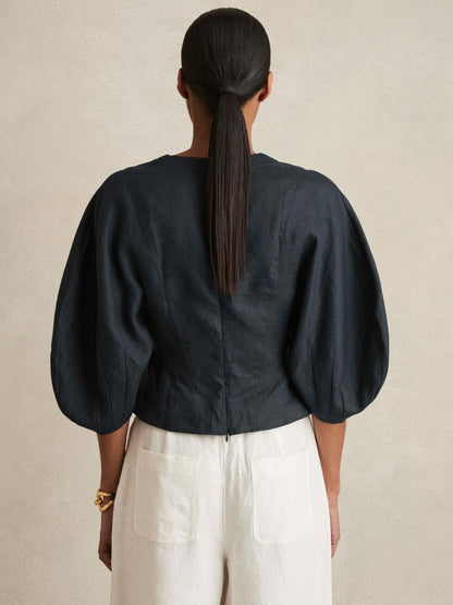 Linen Balloon-Sleeve Top in Navy Women | Reiss