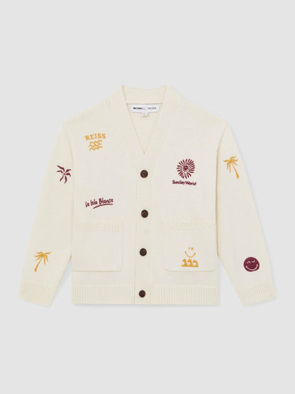 4-9 yrs SmileyWorld Embroidery Cardigan Unisex Fit in Off White Children & Baby | Reiss