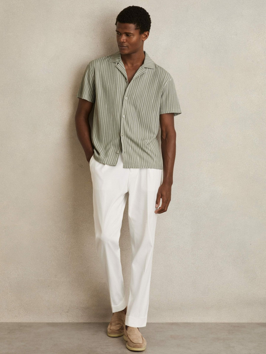 Textured Stripe Cuban Collar Shirt in Sage/White Men | Reiss