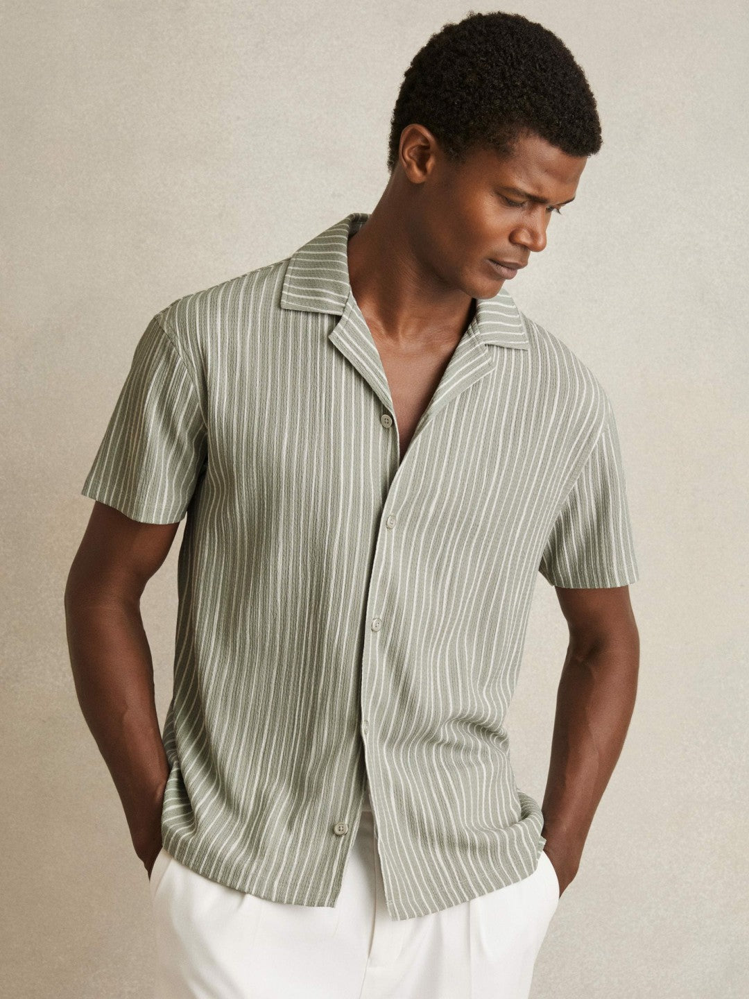 Textured Stripe Cuban Collar Shirt in Sage/White Men | Reiss