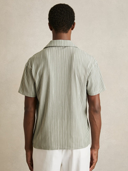 Textured Stripe Cuban Collar Shirt in Sage/White Men | Reiss
