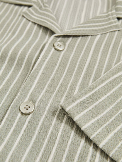 Textured Stripe Cuban Collar Shirt in Sage/White Men | Reiss