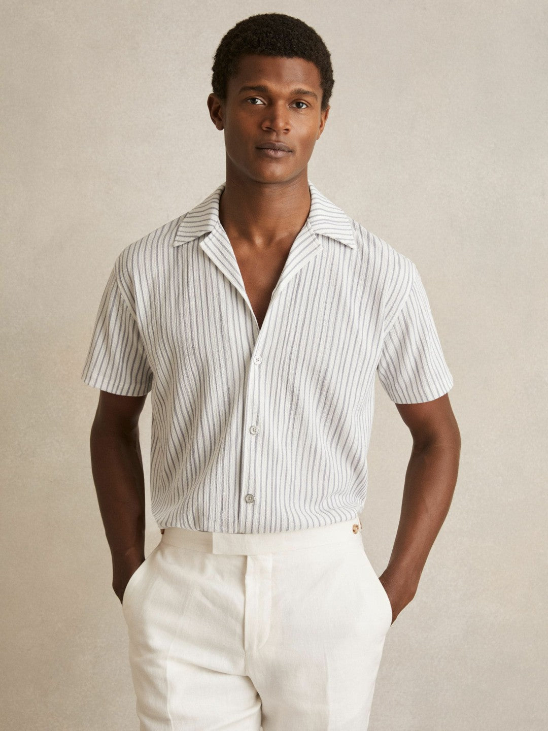 Textured Stripe Cuban Collar Shirt in White/Soft Blue Men | Reiss