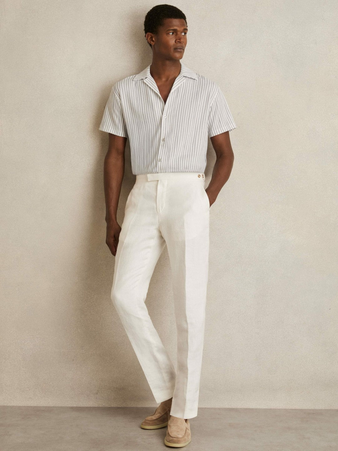 Textured Stripe Cuban Collar Shirt in White/Soft Blue Men | Reiss