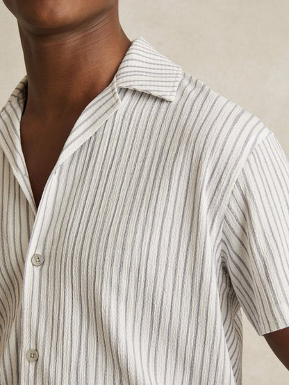 Textured Stripe Cuban Collar Shirt in White/Soft Blue Men | Reiss