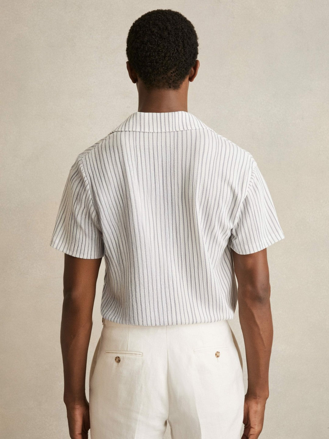 Textured Stripe Cuban Collar Shirt in White/Soft Blue Men | Reiss