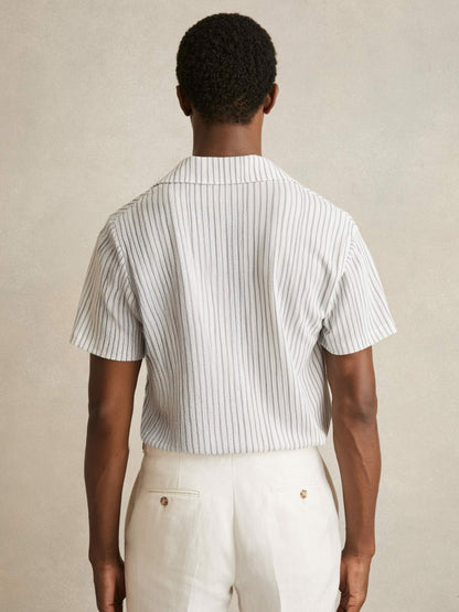 Textured Stripe Cuban Collar Shirt in White/Soft Blue Men | Reiss