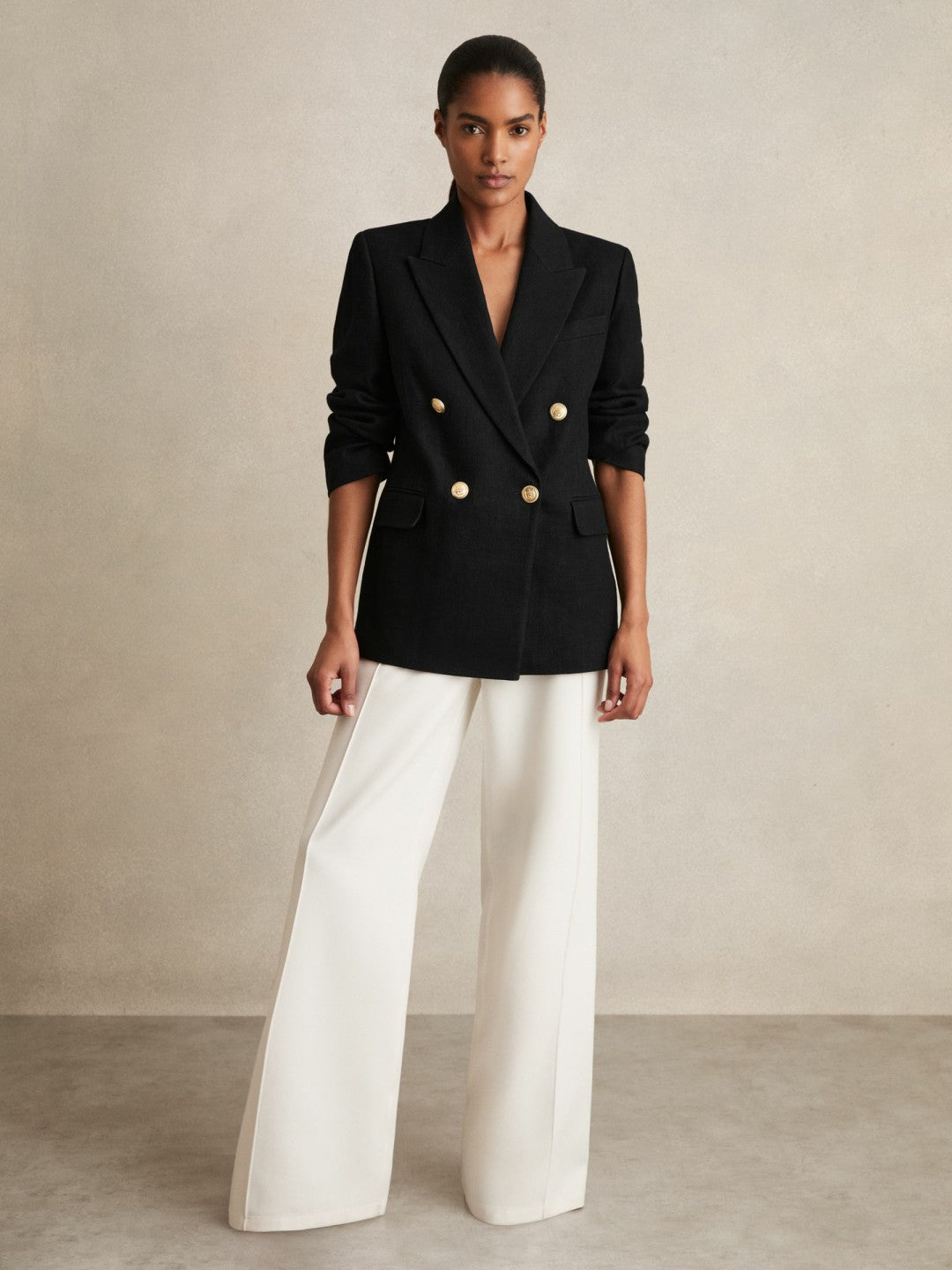 Oversized Double-Breasted Blazer Linen-Blend in Black Women | Reiss