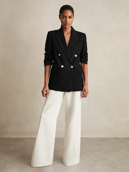 Oversized Double-Breasted Blazer Linen-Blend in Black Women | Reiss