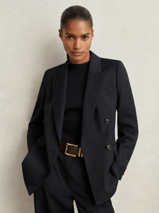 Wool Blend Double Breasted Suit Blazer in Navy Women | Reiss