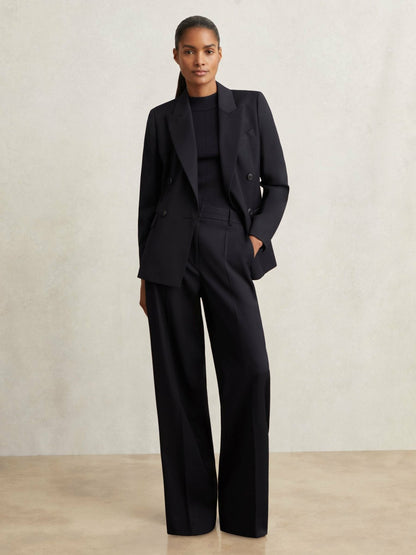 Wool Blend Double Breasted Suit Blazer in Navy Women | Reiss