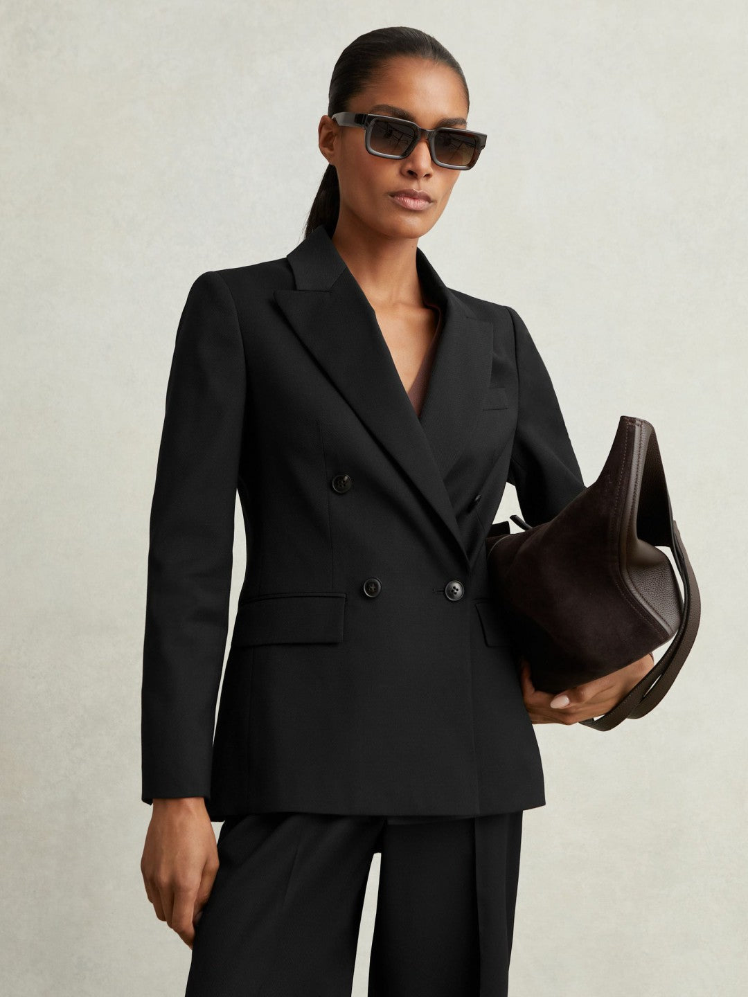 Wool Blend Double Breasted Suit Blazer in Black Women | Reiss