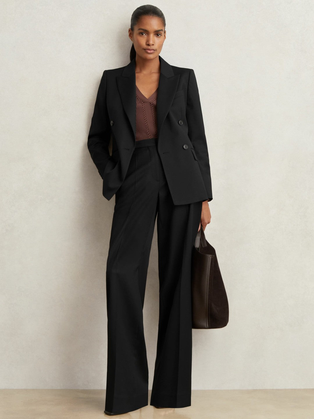 Wool Blend Double Breasted Suit Blazer in Black Women | Reiss