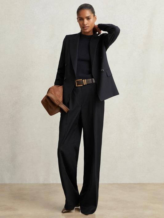 Wool-Blend Wide-Leg Suit Trousers in Navy Women | Reiss
