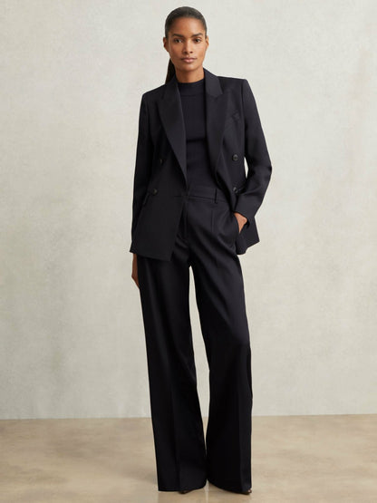 Wool-Blend Wide-Leg Suit Trousers in Navy Women | Reiss