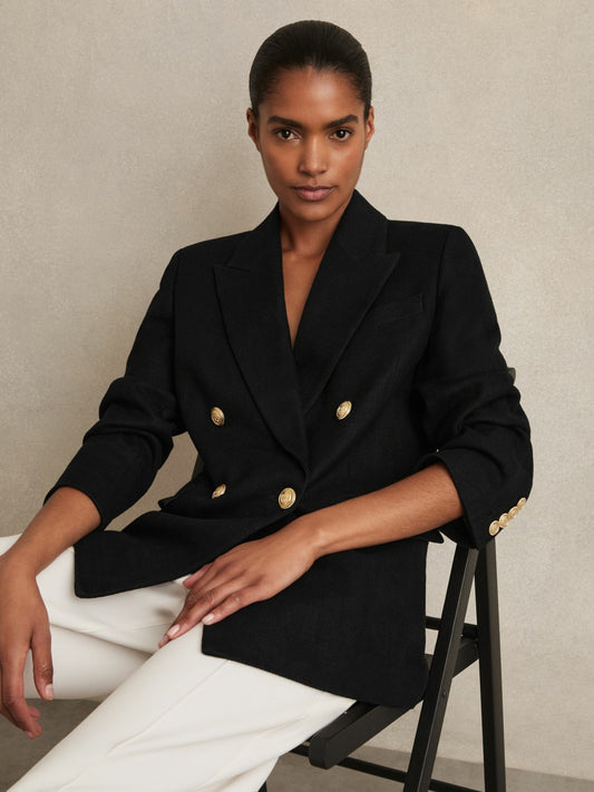 Petite Oversized Double-Breasted Blazer Linen-Blend in Black Women | Reiss
