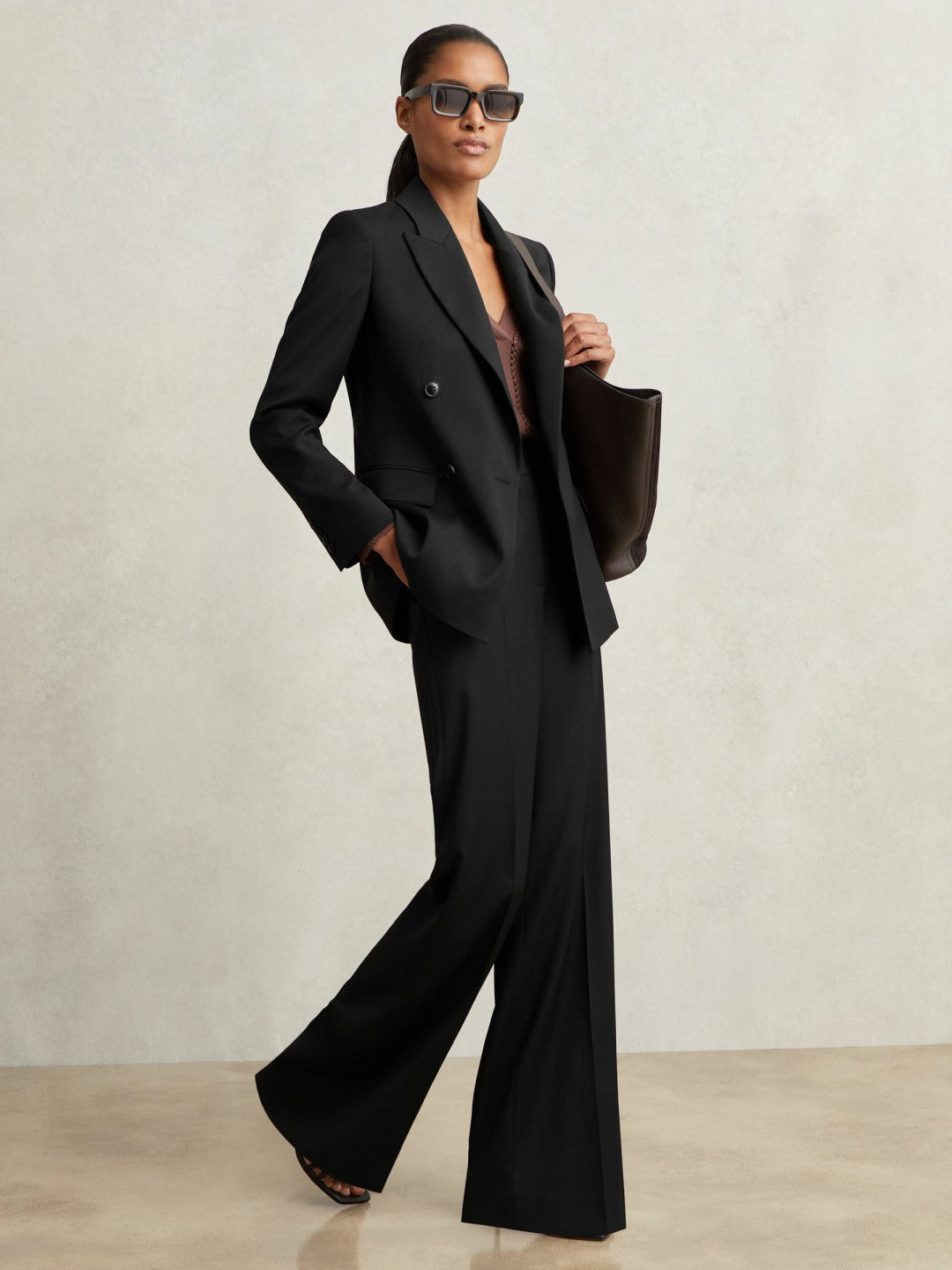 Petite Wool-Blend Wide-Leg Suit Trousers in Black Women | Reiss
