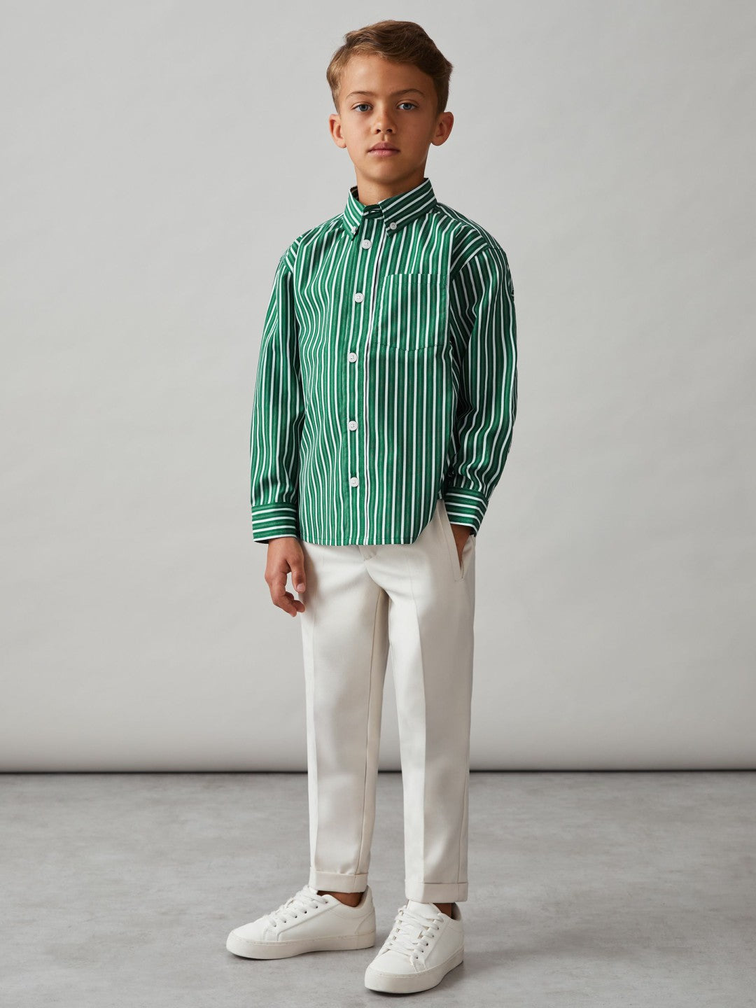 3-9 yrs Cotton-Poplin Striped Oversize Shirt in Green/White Children & Baby | Reiss