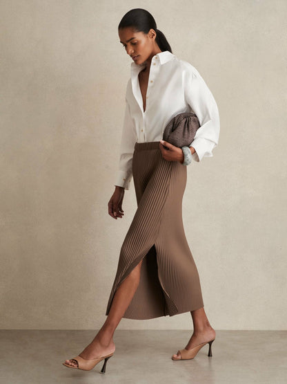 Pleated Jersey Midi Skirt in Chocolate Women | Reiss