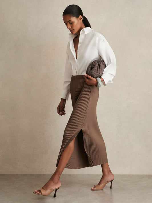 Pleated Jersey Midi Skirt in Chocolate Women | Reiss