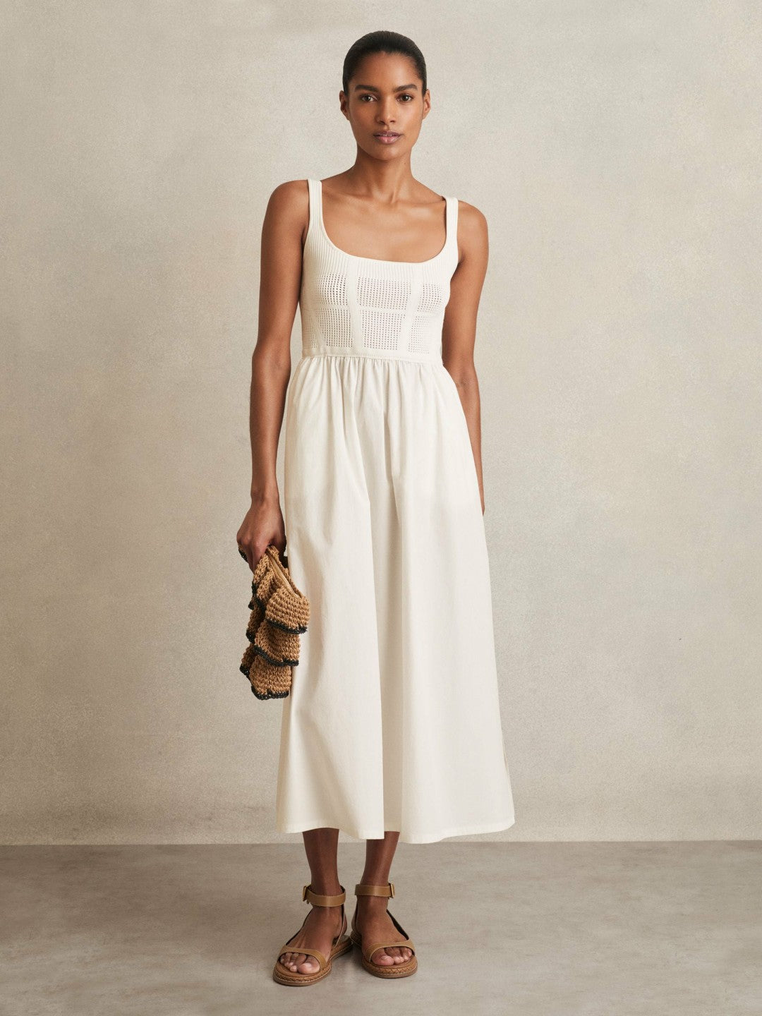 Perforated-Knit Cotton-Skirt Midi Dress in Ivory Women | Reiss