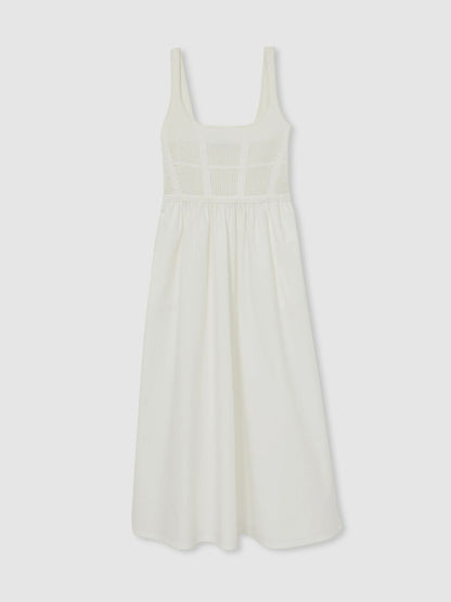 Perforated-Knit Cotton-Skirt Midi Dress in Ivory Women | Reiss