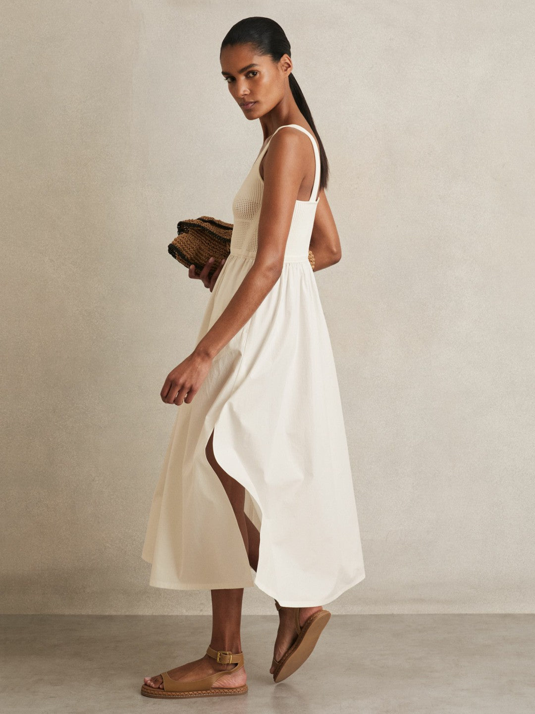Perforated-Knit Cotton-Skirt Midi Dress in Ivory Women | Reiss