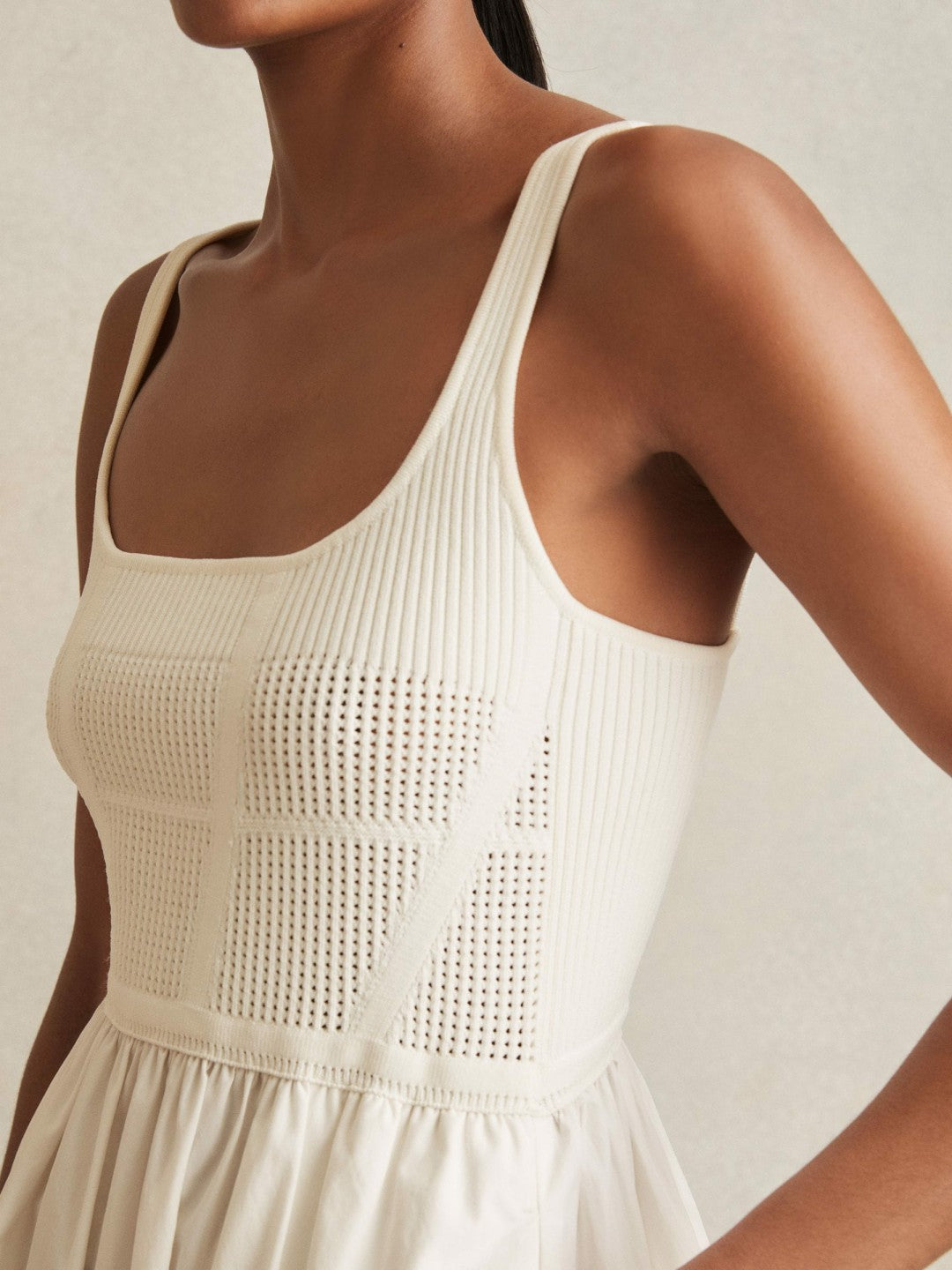 Perforated-Knit Cotton-Skirt Midi Dress in Ivory Women | Reiss
