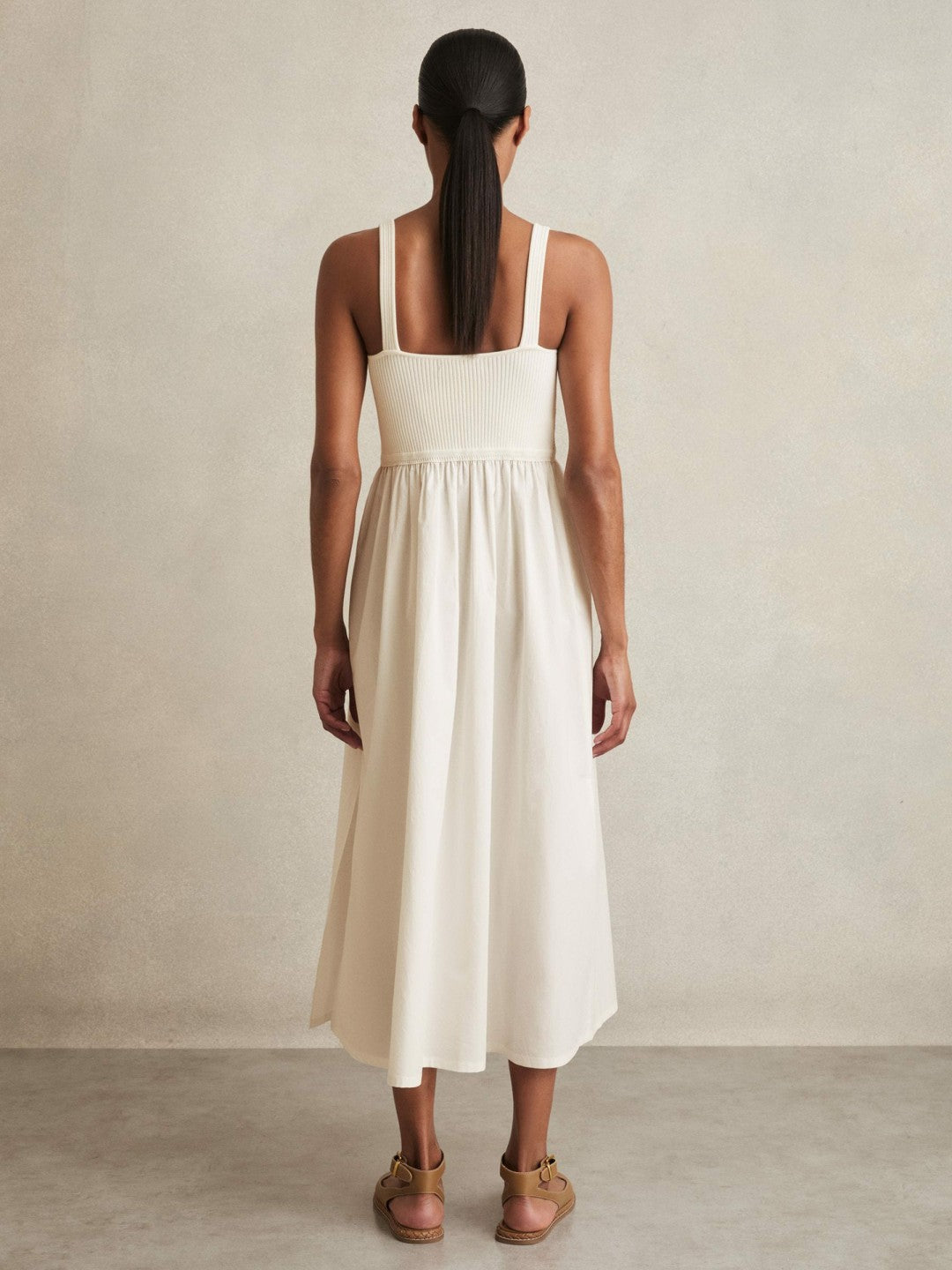 Perforated-Knit Cotton-Skirt Midi Dress in Ivory Women | Reiss