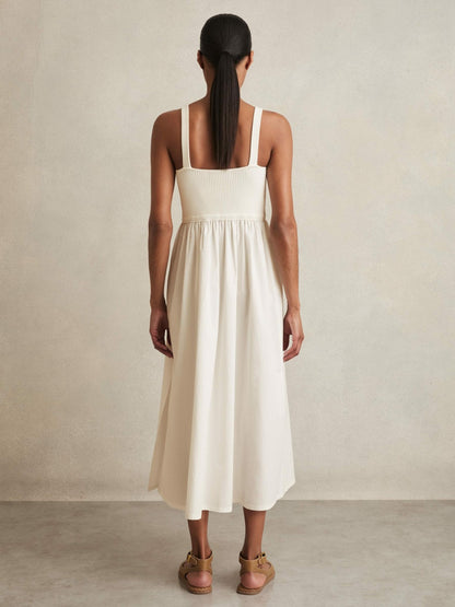 Perforated-Knit Cotton-Skirt Midi Dress in Ivory Women | Reiss