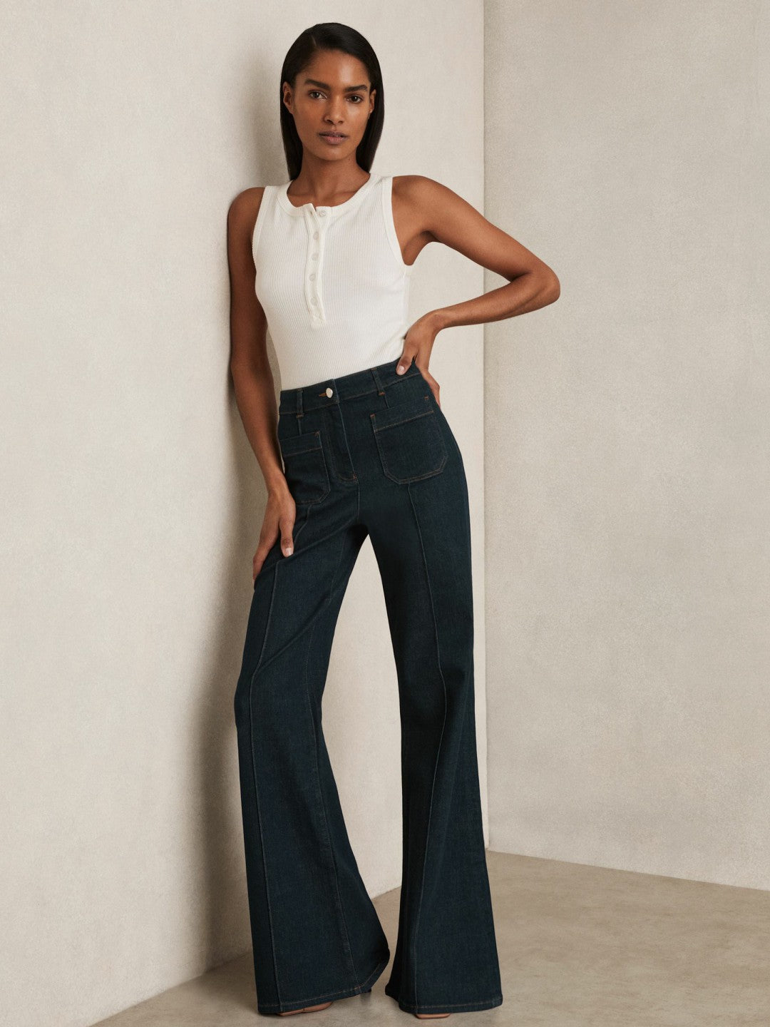 Petite Patch-Pocket Flared Jeans in Dark Blue Women | Reiss