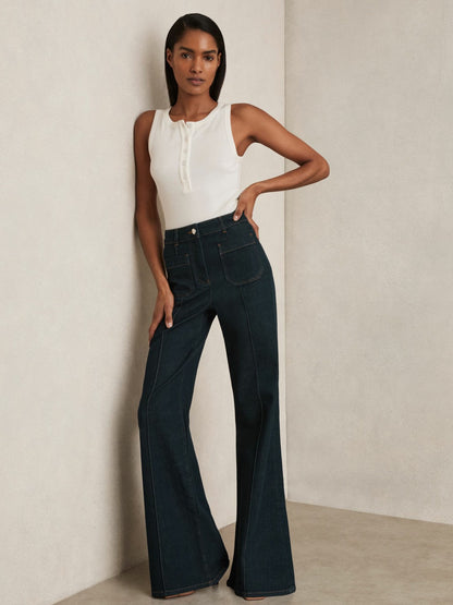 Petite Patch-Pocket Flared Jeans in Dark Blue Women | Reiss