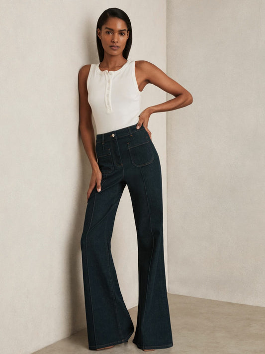 Petite Patch-Pocket Flared Jeans in Dark Blue Women | Reiss