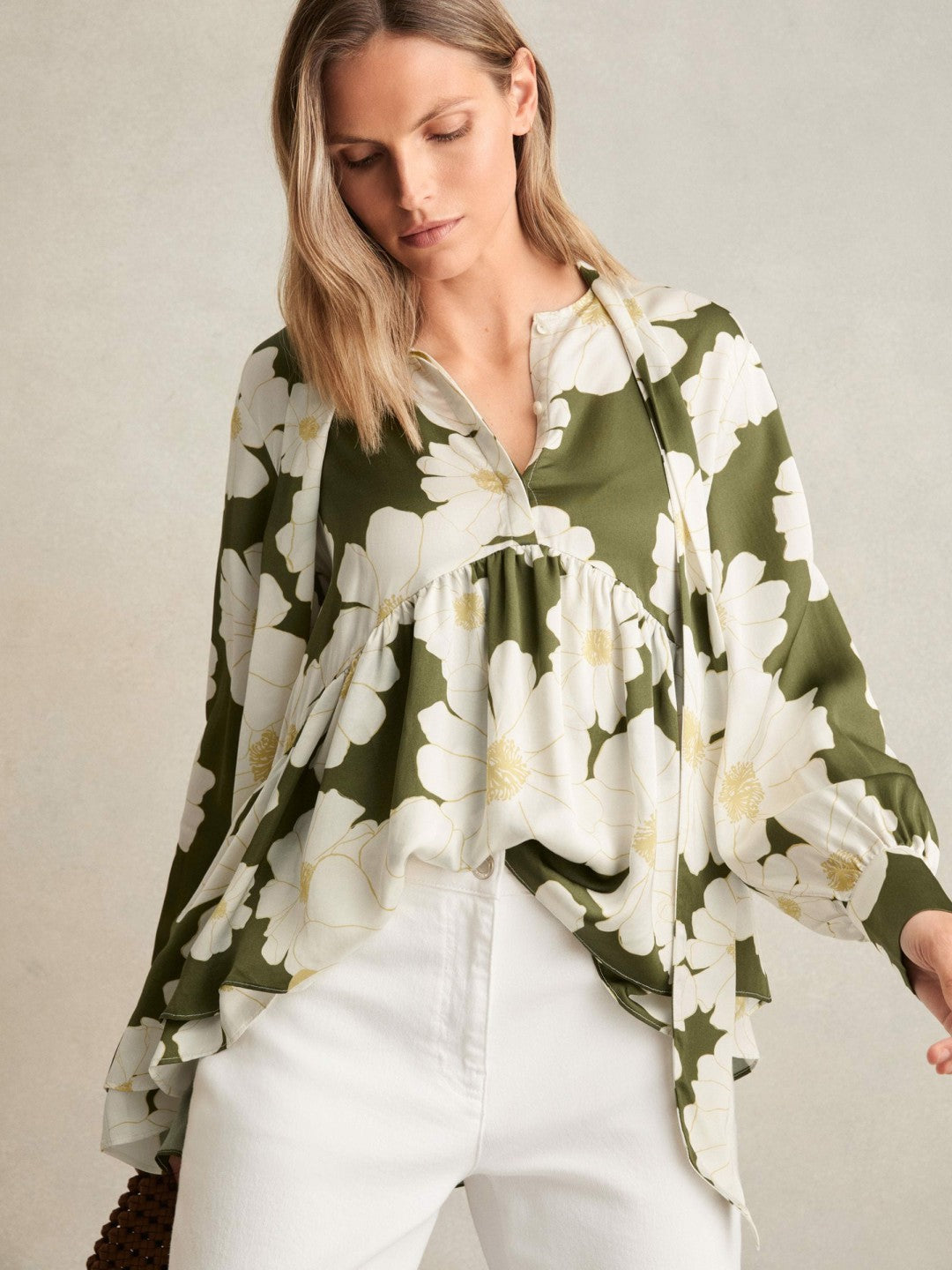 Floral Tie-Neck Swing Blouse in Ivory/Green Women | Reiss
