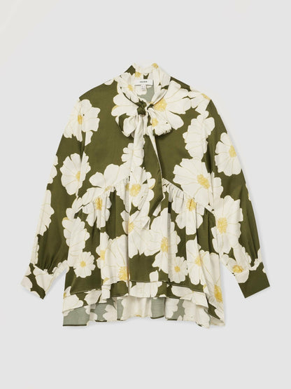 Floral Tie-Neck Swing Blouse in Ivory/Green Women | Reiss