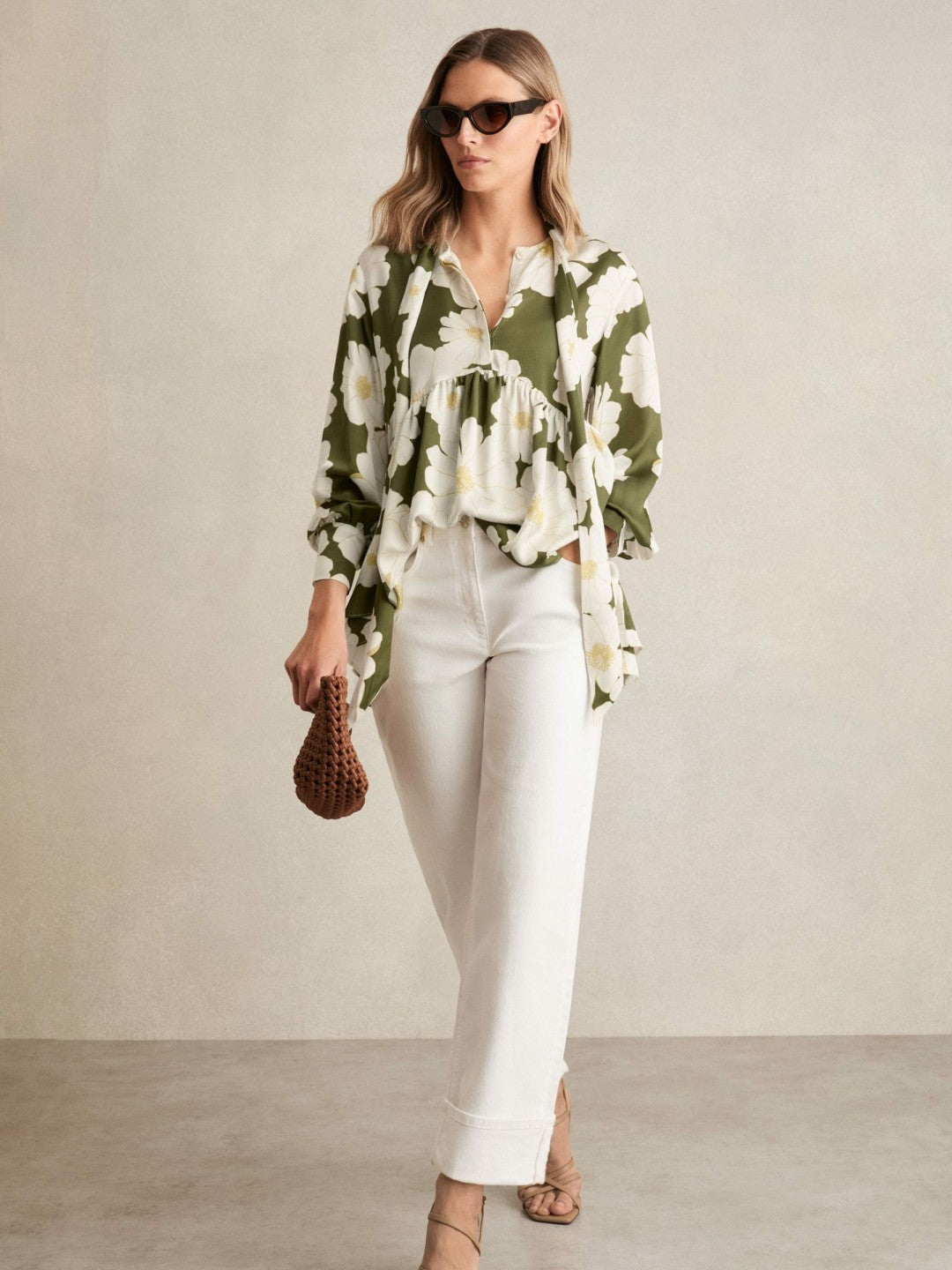 Floral Tie-Neck Swing Blouse in Ivory/Green Women | Reiss