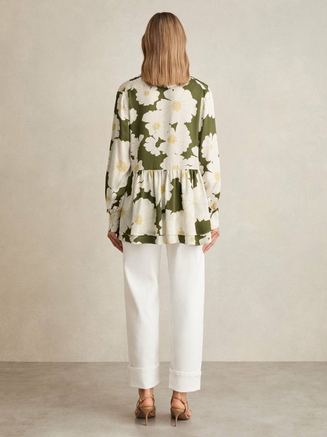 Floral Tie-Neck Swing Blouse in Ivory/Green Women | Reiss