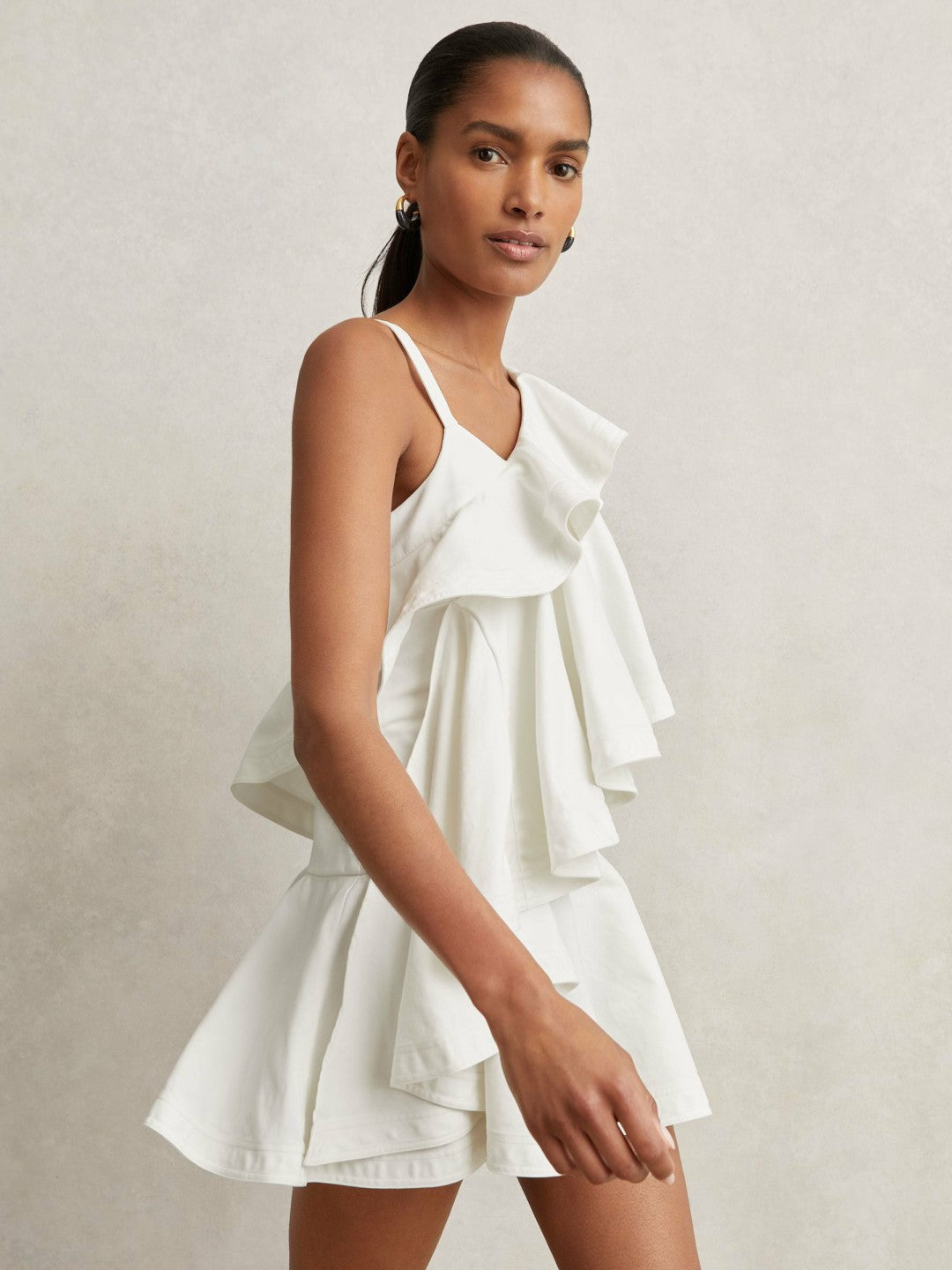 Cotton Tiered Ruffle Mini Dress in Ivory Women | Reiss