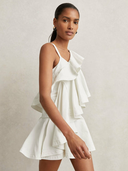 Cotton Tiered Ruffle Mini Dress in Ivory Women | Reiss