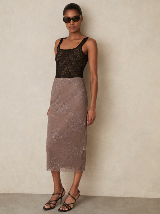 Lace Pencil Skirt in Taupe Brown Women | Reiss