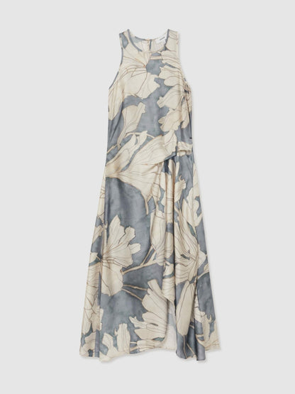 Satin Floral Drape Midi Dress in Blue Women | Reiss