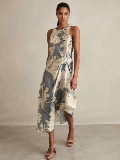 Satin Floral Drape Midi Dress in Blue Women | Reiss